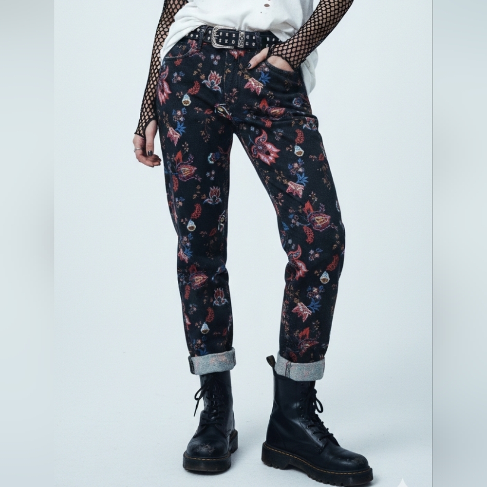Kensie Black Floral Boho Distressed Grunge Hippie Slim Ankle Jeans 4/27